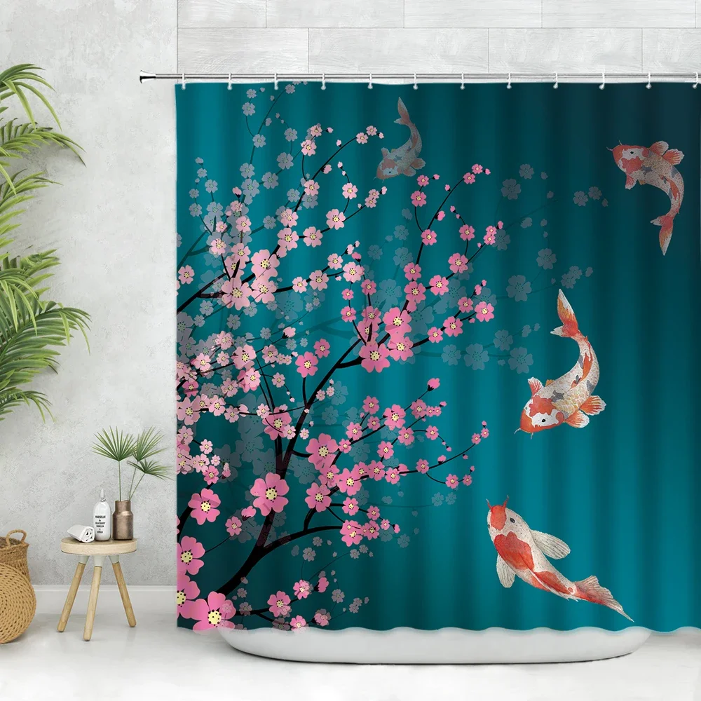 Chinese Style Goldfish Shower Curtain Set Koi Fish Watercolor Waves Wall Decorate White Cloth Bathroom Curtains Polyester Fabric