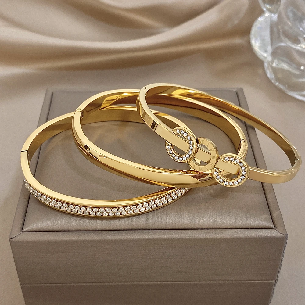 Glossy Gold Plated Stainless Steel Cuff Bangle for Women Trendy Micro Inlaid Zircon Stackable Bracelets Waterproof Jewelry