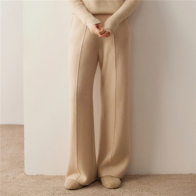 Casual Women's Straight-leg Wide-leg Pants Soft Elastic Waist 100% Cashmere Knitted Fashion Pocket High Quality Warm Bottoms