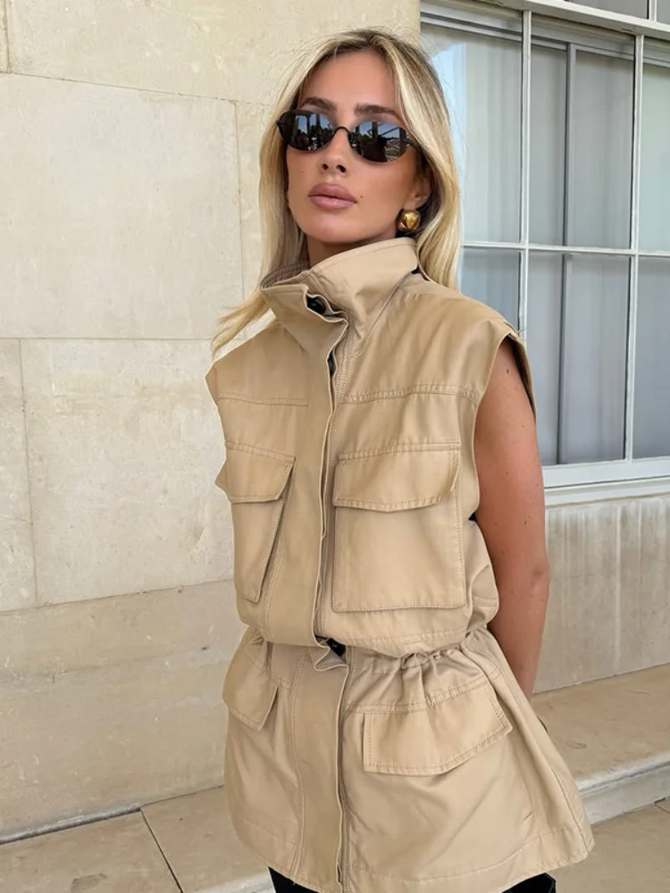 

Solid Waist Cinching Vest Jacket Women Fashion Zipper Pockets Stand Neck Sleeveless Jackets 2025 New Autumn Lady Street Outwear