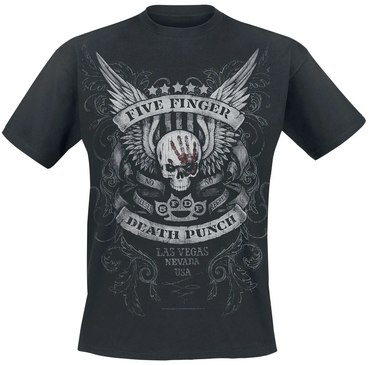 Five Finger Death Punch Skull Knuckle Double Sided Print T Shirt, 100% Cotton Casual Neutral Tee, Heavy Metal Streetwear