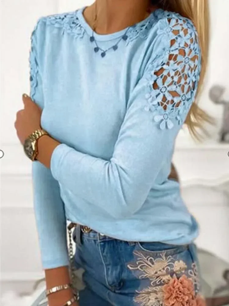 Women Autumn Solid T Shirt Lace O Neck Long Sleeve Female Casual Loose Plus Size Blouse Tops 3Xl