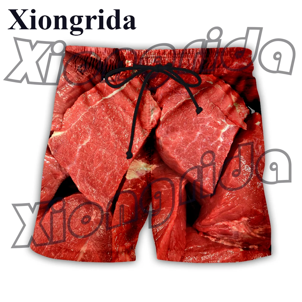 Pantalones cortos divertidos con estampado de carne para hombre, bañadores de cintura elástica con estampado 3D de cerdo crudo, pantalones cortos de