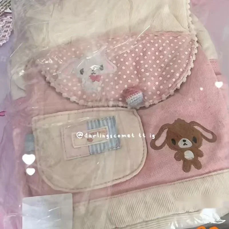 Y2K Bow Rabbit Backpack Canvas Japan Kawaii Ilota Printed Sweet Dog Splicing Pocket Back To School Large Capacity Backpack New