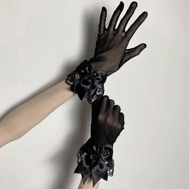 Gothic Thin Stage Performance Bowknot Lace Gloves Mesh Satin Wedding Dress Bride Performance Fashion Black