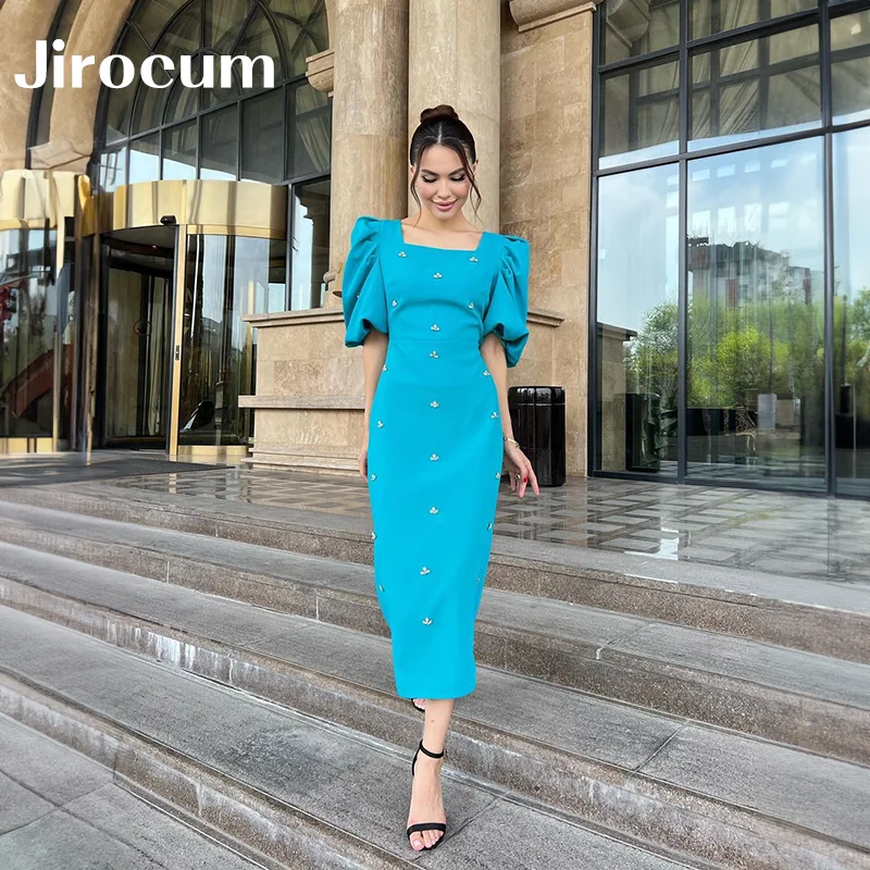 Jirocum Square Neck Evening Dress Women customizd Long Party Prom Gown Crystal Short Puff Sleeve Vestidos De Graduation Dresses