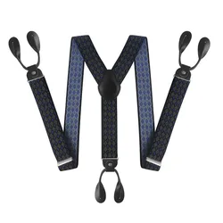 3.5cm Width Vintage Suspenders For Men  Button End Black PU Leather Trimmed Y Back Adjustable Elastic Trouser Braces Strap Belt