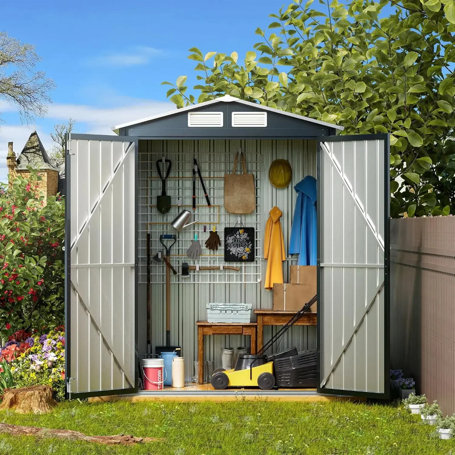 5x3X6.3FT Outdoor Steel Storage Shed with Lockable Doors and Frame Floor,, Patio Utility and Tool Storage, Dark Blue