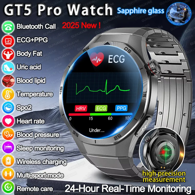 

2025 Genuine GT5 Pro New ECG+PPG Laser diagnosis Smart Watch Three high Blood Pressure Clock Body Analysis Health Smartwatch Men