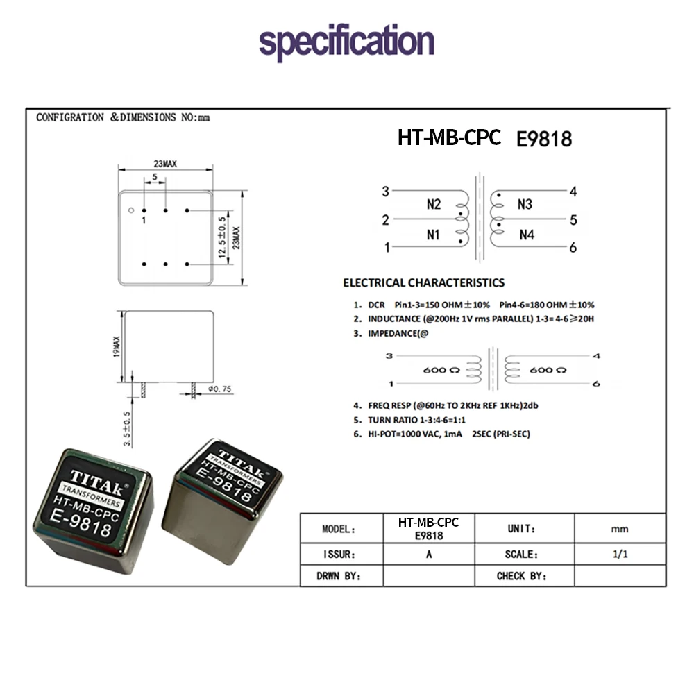 TITAK Symmetrischer und unsymmetrischer Konvertierungs-Audio-Isolator, Permalloy-Audio-Isolationstransformator 600:600 20Hz-20KHz Audio-Isolierung – Detail 2