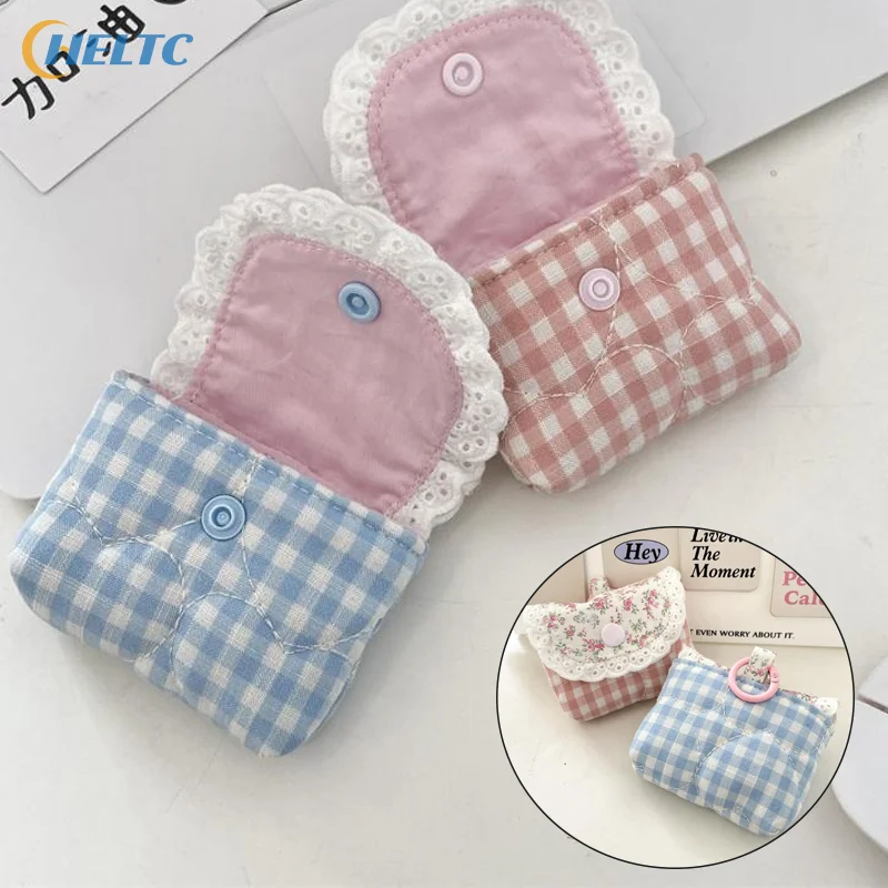 1PCS Mini Cute Sweet Lace Floral Coin Purse Fashion Pink Blue Plaid Headphone Protective Case Girls Portable Small Storage Bag