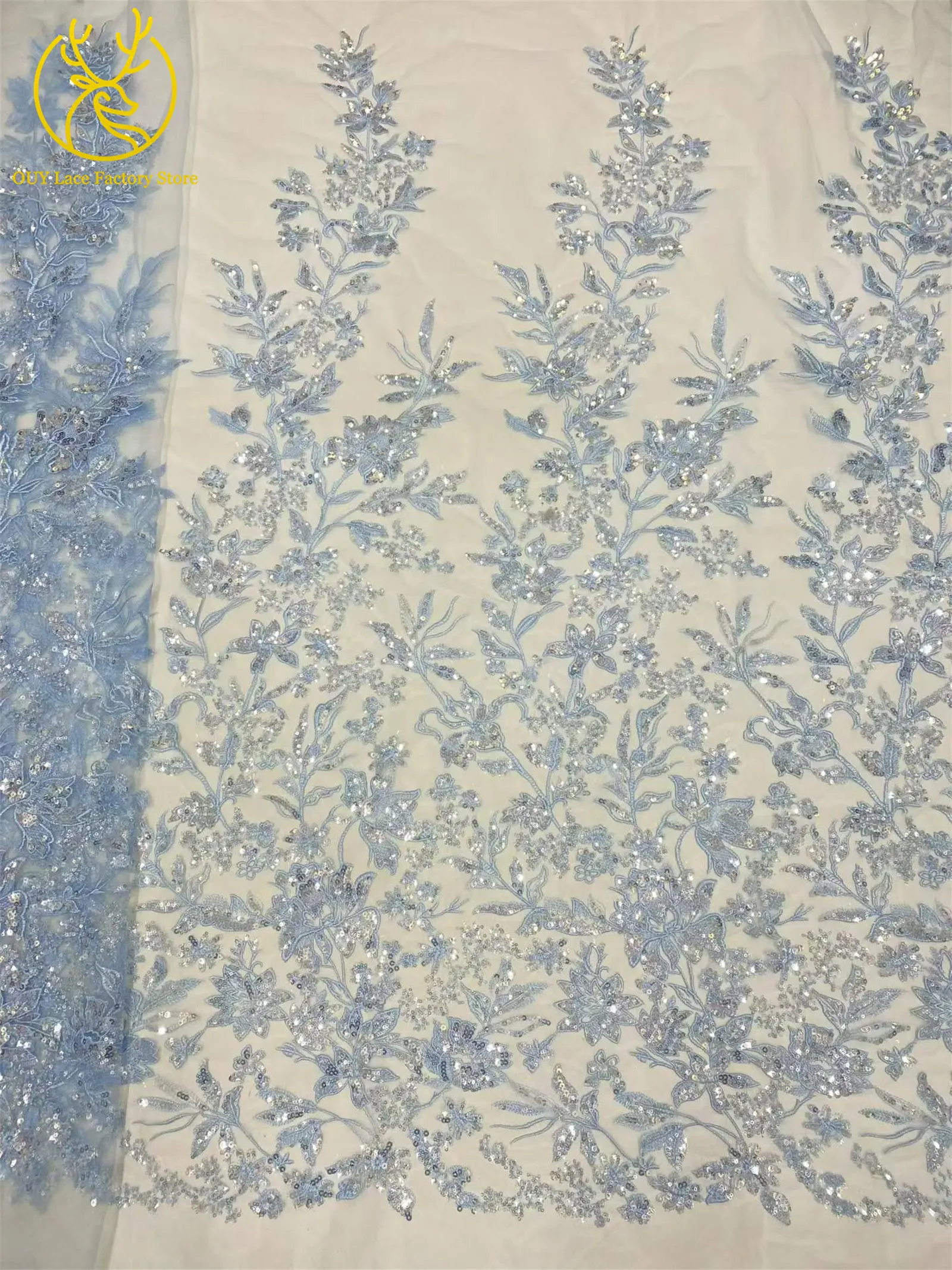 Goldener Luxus-Tüllstoff mit französischer Stickerei und Pailletten, afrikanischer Pailletten-Mesh-Tüllstoff zum Nähen von Hochzeits- und Abendkleidern – Detail 9