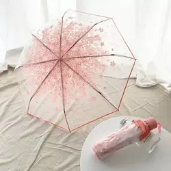 Korean Style Umbrella Folding Cute Cute Goddess Small Fresh Simple Forest Style Three Fold Japanese Cherry Blossom Transparent U