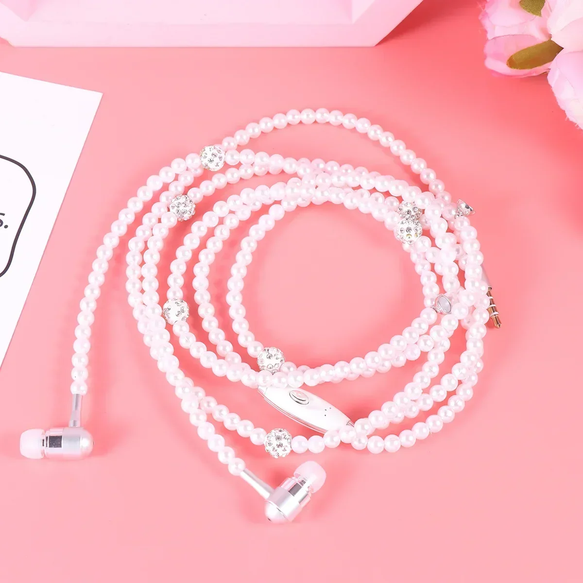 Rose Earbuds Girls Pink Earphones Wired Mic Noise Canceling Headphones In-Ear Headphone Pearl Necklace 3.5Mm Earbuds Remote