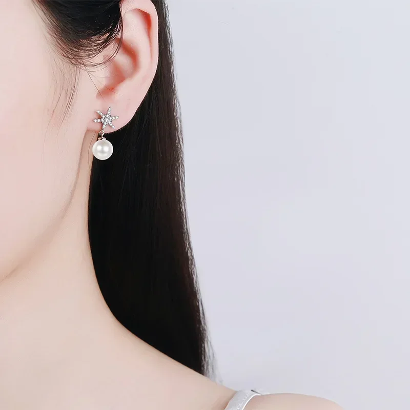

Brilliant Six Pointed Star 5A Freshwater Pearl Earring for Women, PT950 Wedding Jewelry Drop 2.46CT Moissanite Diamond Earrings