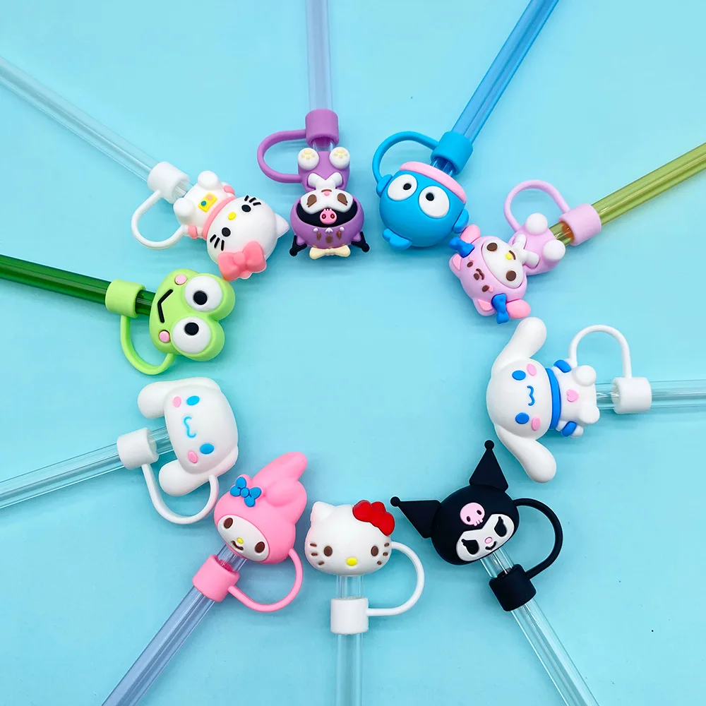 

Набор из 4/6 многоразовых колпачков для соломинок с персонажами Hello Kitty и Kuromi, мультяшные насадки для напитков из ПВХ