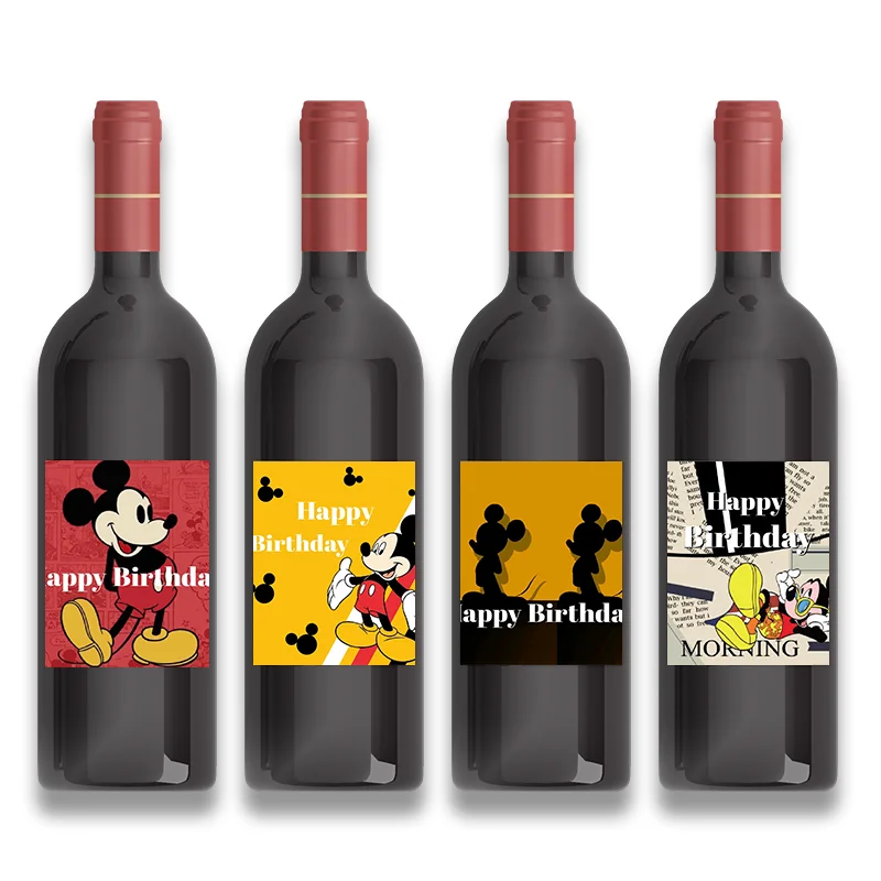 6pcs Disney Mickey Theme Ctue Wine Bottle Sticker Birthday Party Decorate Label Baby Shower Baptism Celebration Packing Supply