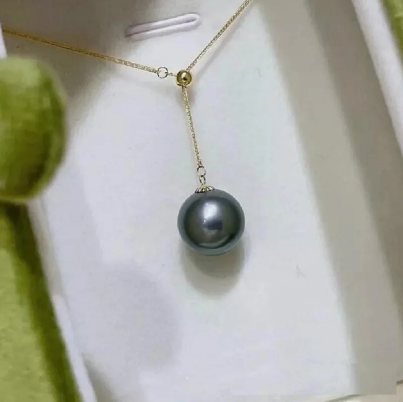 Gorgeous AAAAA 11-12mm south sea Black Round pearl pendant necklace 18 inch 925s