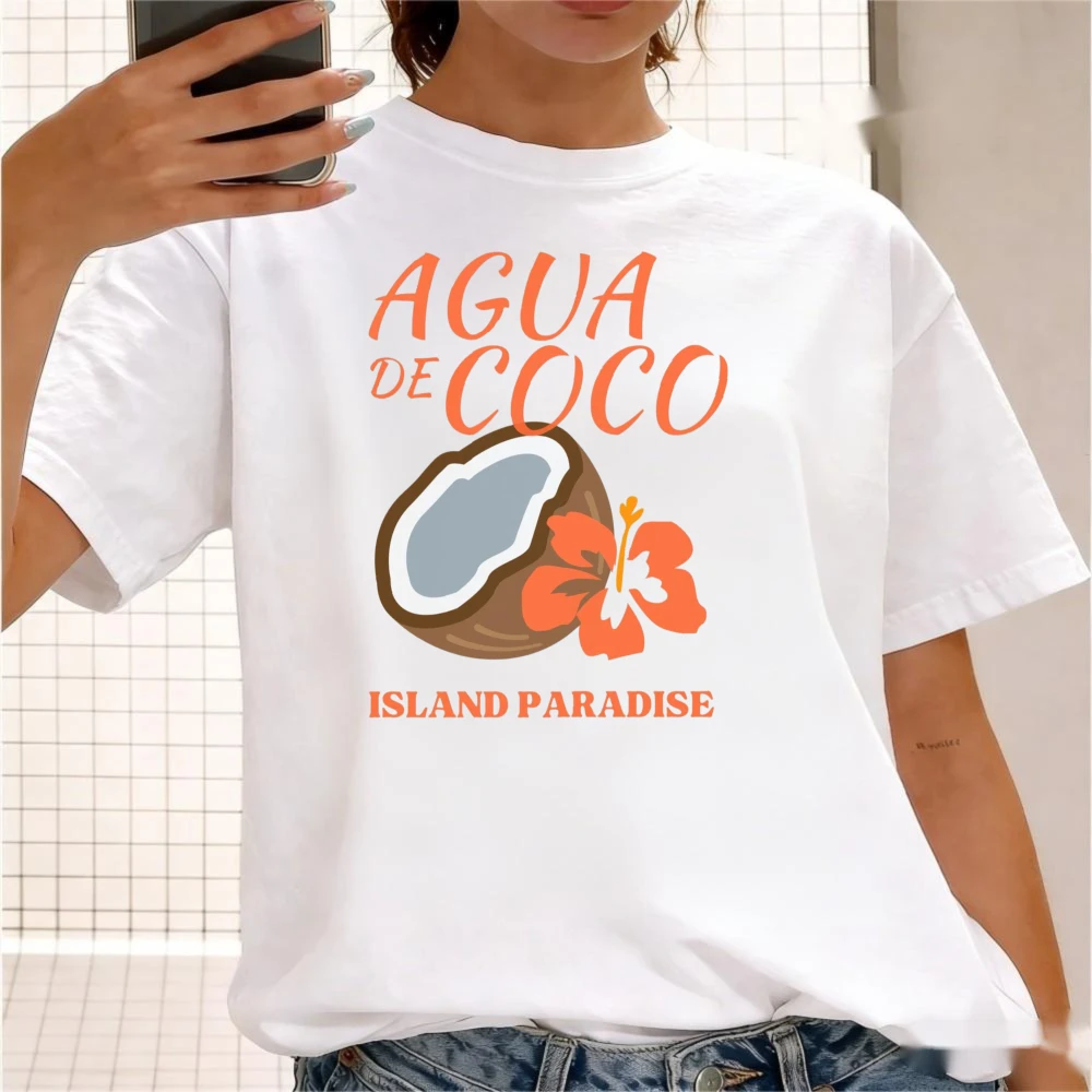 Agua De Coco Island Paradise Graphic T-Shirt Vibrant Orange Tropical Coconut Print Shirt Latin Summer Vacation Casual Women Tee