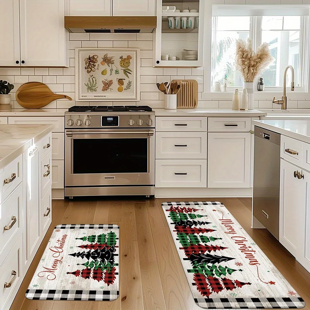 White Wood Grain Christmas Tree Rug 1/2/3pcs Buffalo Plaid Check Pattern Home Kitchen Floor Runner Welcome Entrance Doormat