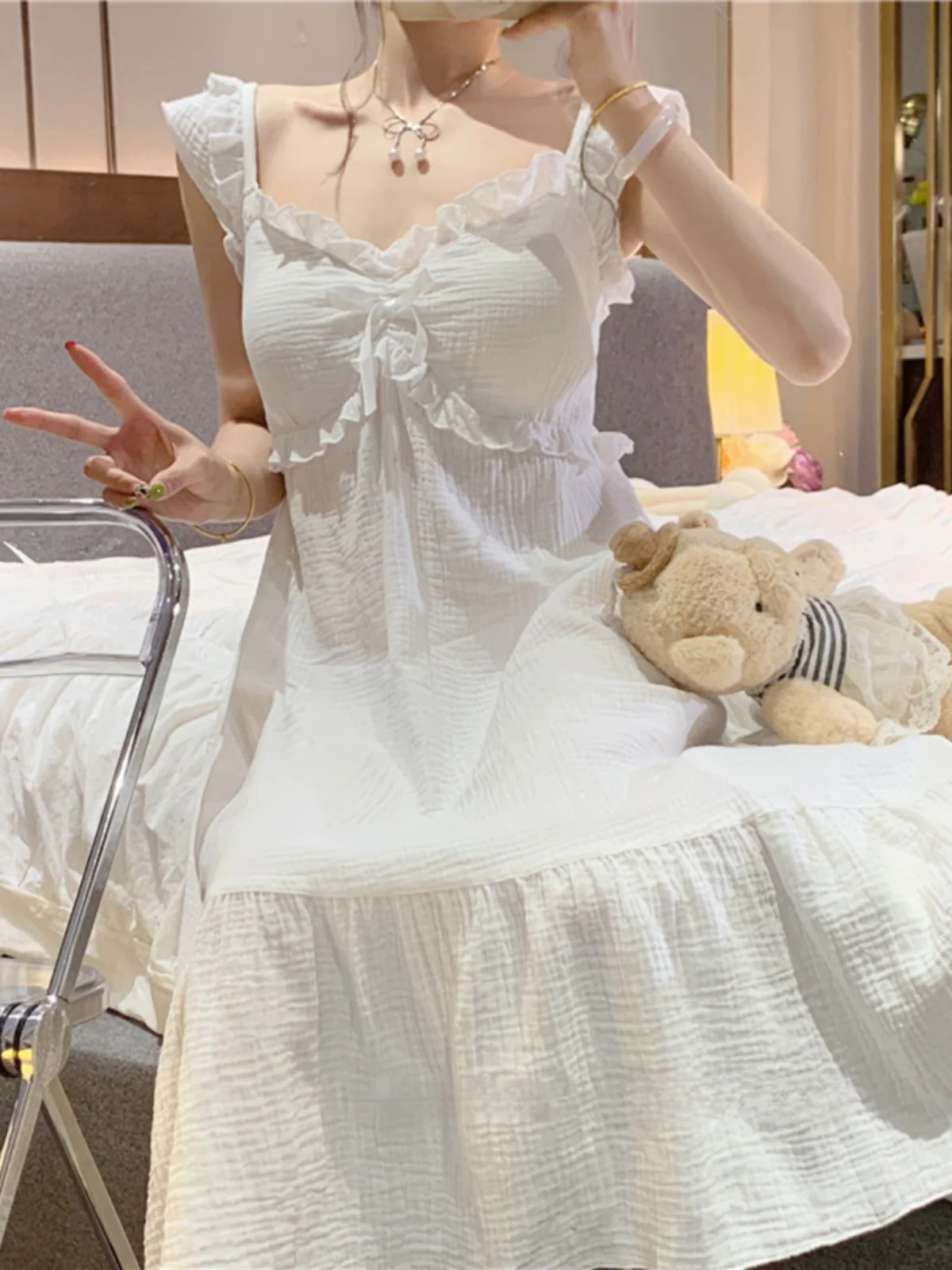 Sweet Pure Desire Style Women's Summer 2024 New Sleepwear Home Clothes Set with Chest Pad Strap Long Dress V-neck Print