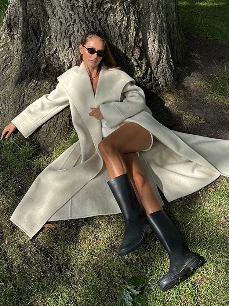 Elegant Wool Women Long Coat Solid Shawl Collar Open Stitch Lace Up Thicken Lady Coats 2026 Autumn Winter Female Outwears New