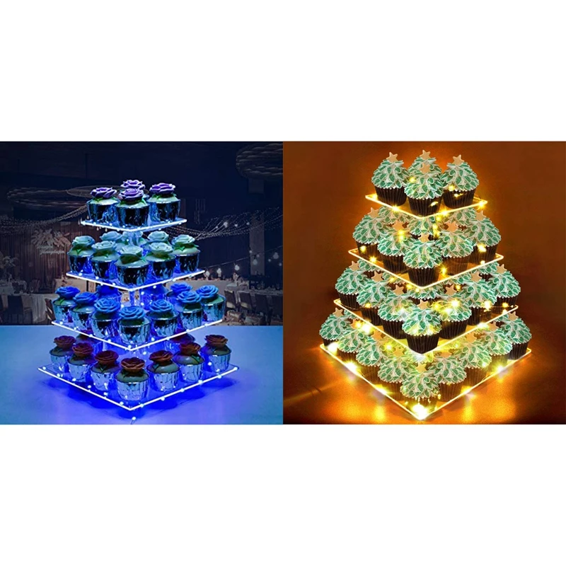 4 Tier Cupcake Stand Acrylic Cupcake Display Stand Dessert Serving Towers With LED Light For Weddings