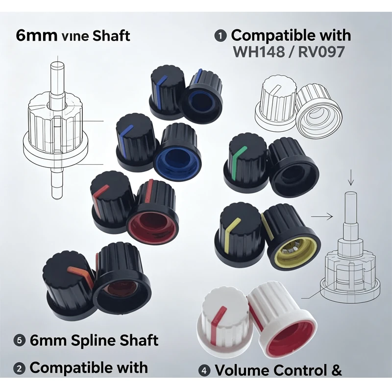 10 Stück WH148 Potentiometer-Knopfkappen, 6mm Schaftloch, Sortiment-Set, Weiß, Grün, Rot, Blau, Gelb, Orange, Lila, DIY-Schalterknopf 15x15mm – Detail 2