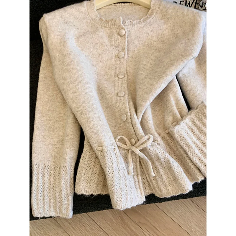 Nanyou High-End Goods Are Popular! Blue Drawstring Knitted Sweater Women's Autumn Soft Waxy Short Top Gray Cardigan Jacket