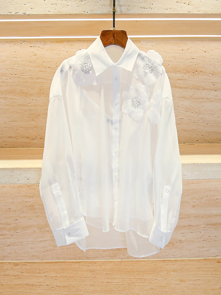 

M Home Nan You High End Women's Floral Embroidery iny Sequin Stand Collar irt Top Small Fraance Sle Commute Simple