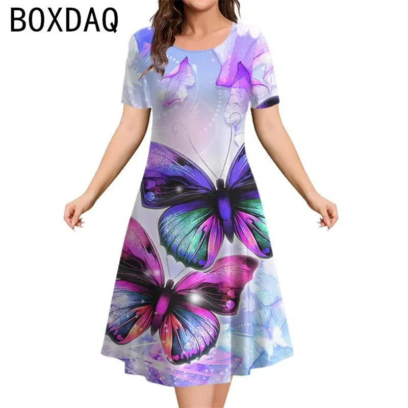 Vintage 3D Butterfly Print Women's Dress Plus Size Short Sleeve O-Neck Casual A-Line Dress Elegant Lady Dress Vestidos De Mujer