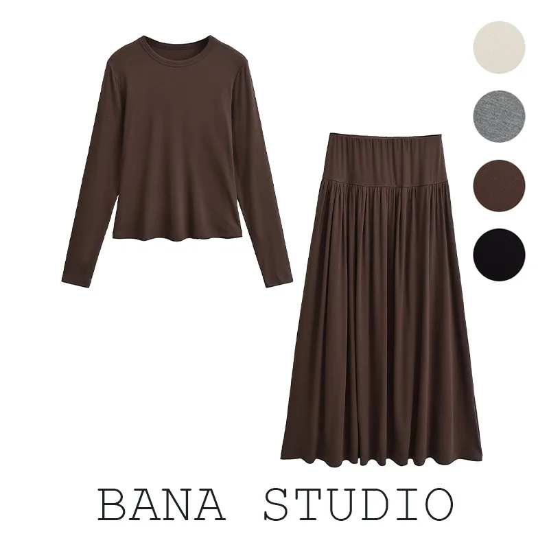 

BANA Slim Fit Color round Ne Long Sve T-irt Base irt Floor Length f Body Skirt Two Piece Set Women Spring