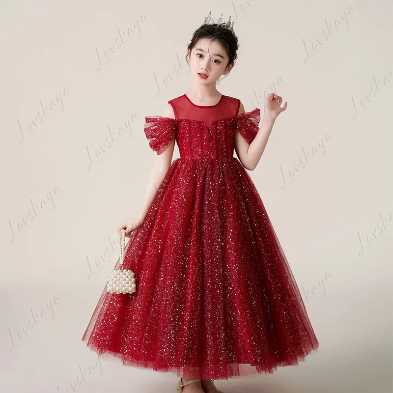 Girls' Dress Princess Dress Summer New High-end Red Gauze Skirt Primary School Graduation Piano Competition Performance Clothes