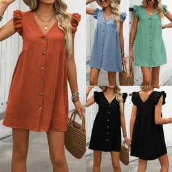 New Summer Women Cardigan Dresses Fashion Ruffles Solid Colors V-Neck Sleeveless Dress Casual Button Loose Short Dress Sundress