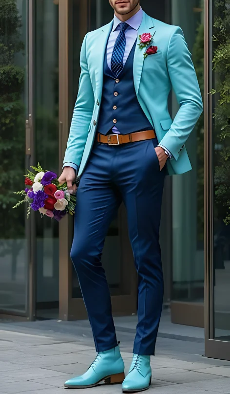 

Light Blue And Dark Blue Formal Business Men Suit Groom Groomsman Wedding Party Prom Male Tuxedos 3 Piece Set Blazer Vest Pants