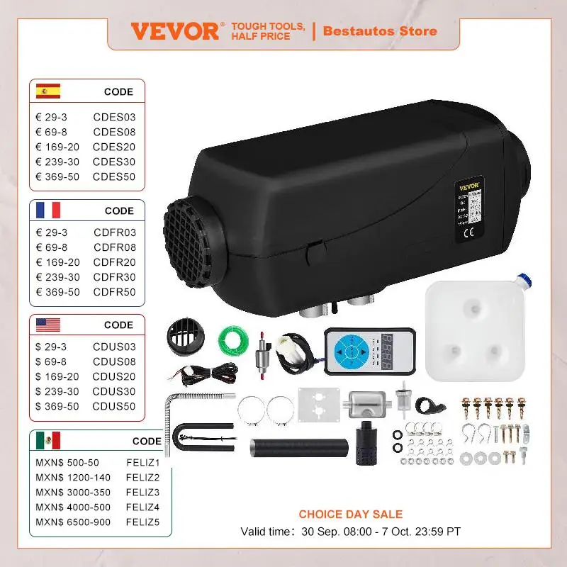 

VEVOR 5KW Car Heater 12V Air Diesel Heater Parking Heaters with Digital Switch Silencer for RV Trailer Truck Motorhome Boats Bus