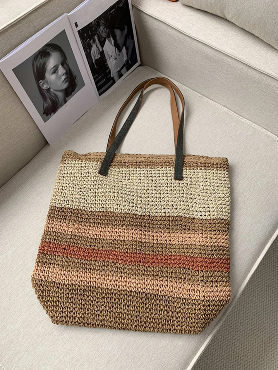 B*C Women's Knitted Shoulder Bags With Precious Contour High Quality Vacation Travel Bags 2024 New Stripe Grass Bag