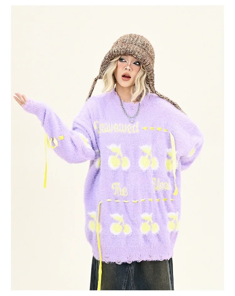 Dopamine Cherry Crew Neck Sweater Women's 2024 Winter New Loose BF American High Street Knitting Tide image 6