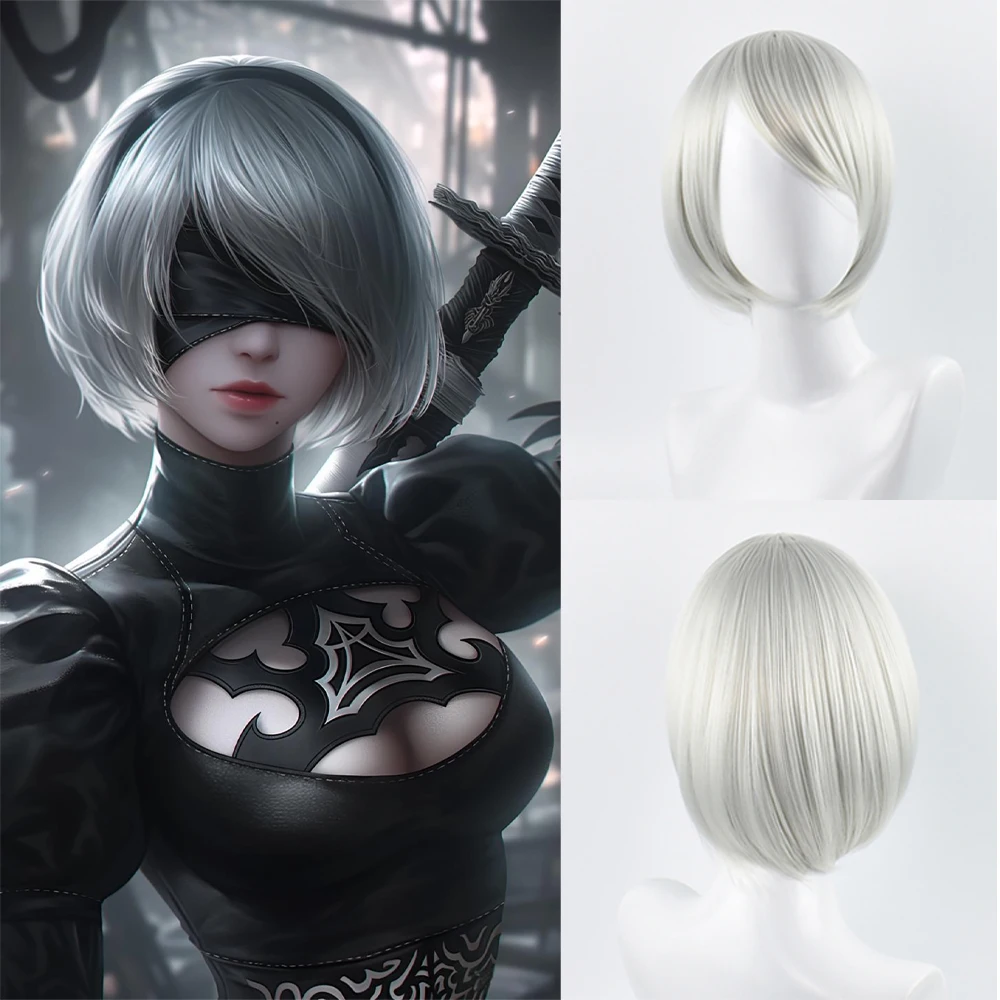Nier: Automata 2b/9s شعر أنيمي كوسبلاي مركب فضي-رمادي، فضي-أبيض شعر قصير مستقيم، شعر مستعار لحفلات الهالوين