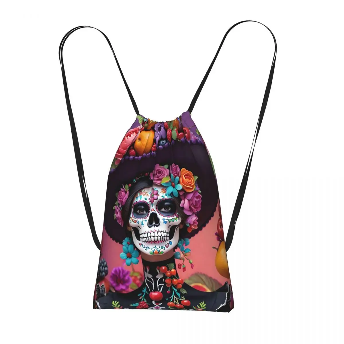 Day Of The Dead Sugar Skull Mexican Girl Drawstring Backpack hiking cycling Bag Portable Travel Drawstring Bag for Men Women