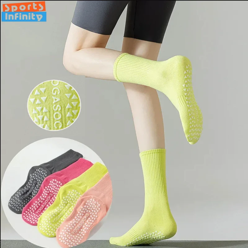 

Женские носки для йоги средней длины, противоскользящие профессиональные носки для пилатеса, хлопковые спортивные носки для танцев в помещении, фитнеса, батута, аэробики