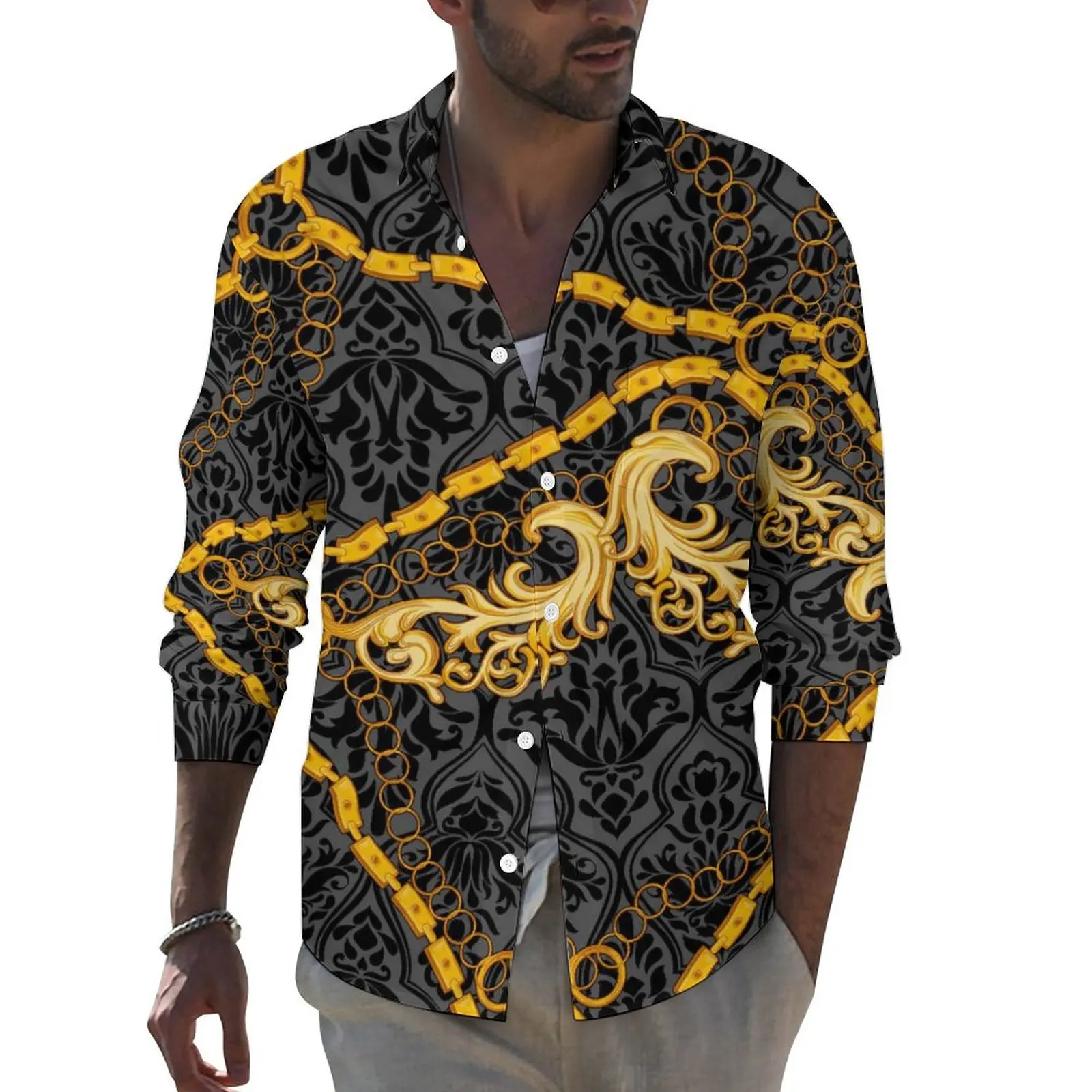 

Gold Chain Shirt Autumn Vintage Print Casual Shirts Men Retro Blouses Long Sleeve Graphic Y2K Clothes Plus Size