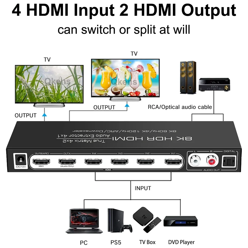 HDMI2.1 8K Matrix Switcher 4x2 Matrix HDMI Switch Splitter 4 In 2 Out with Optical L/R 5.1CH ARC Audio Extractor 4K@120Hz HDR 3D