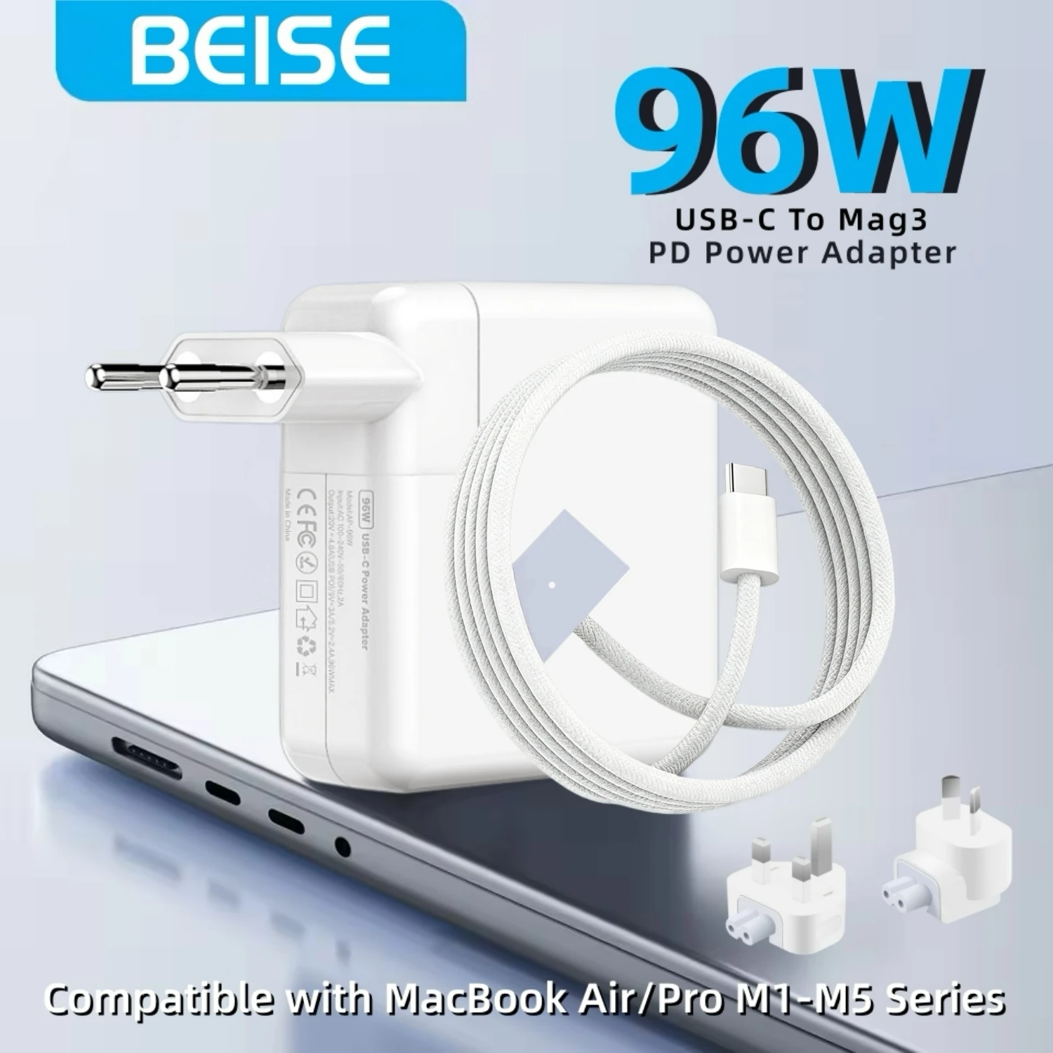BEISE 96W USB‑C Power Adapter With USB‑C to Mag3 Braided Cable, PD Fast Charger Replacement for MacBook Pro 14