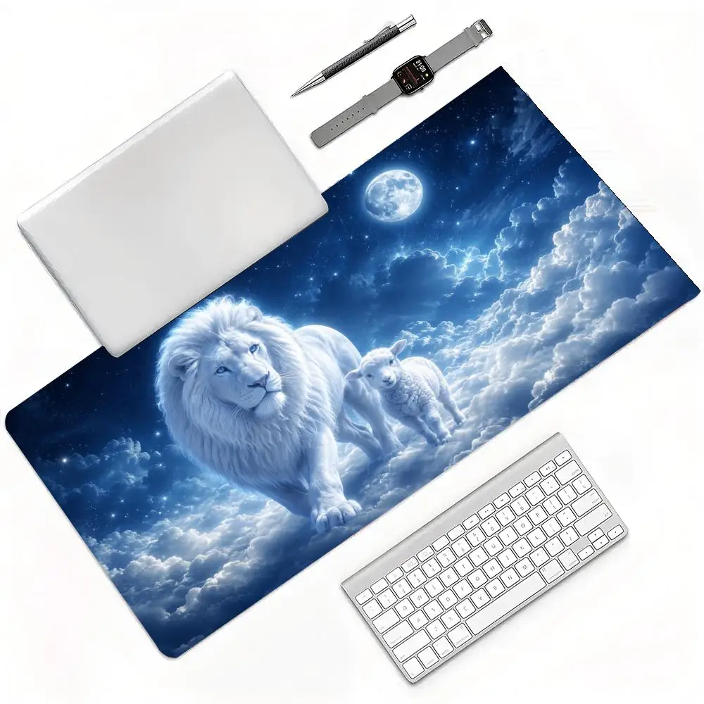 Calm White Lion Sleeping With Little Lamb Blue Paper Cloud Mouse Pad Large Anti-Slip Extended Gaming Keyboard Mouse Pad