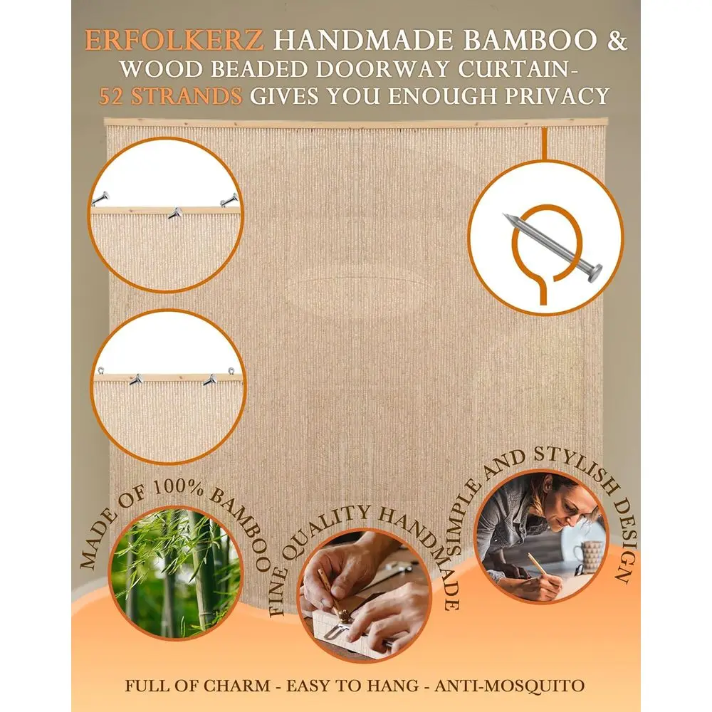 Natürlicher Boho-Perlenvorhang, 35,5 x 79, handgefertigte Bambus- und Holzperlen, Raumteiler und Insektenschutz, Beige