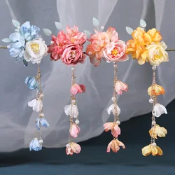 New Simulation Flower Hair Decor Side Clips with Beads Chinese Japanese Headdress Metal Hairgrip Hair Accessories Gradient Color