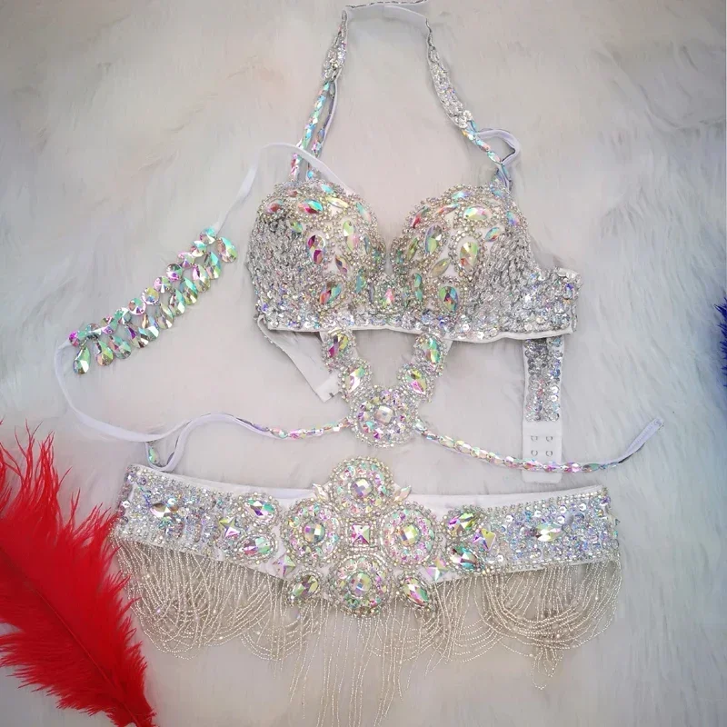 A 2025 Belly Dance Women Samba Carnival Rio Costume Bra and Belt Stage Performance Wear Handmade Beads Adult Show New xjr89