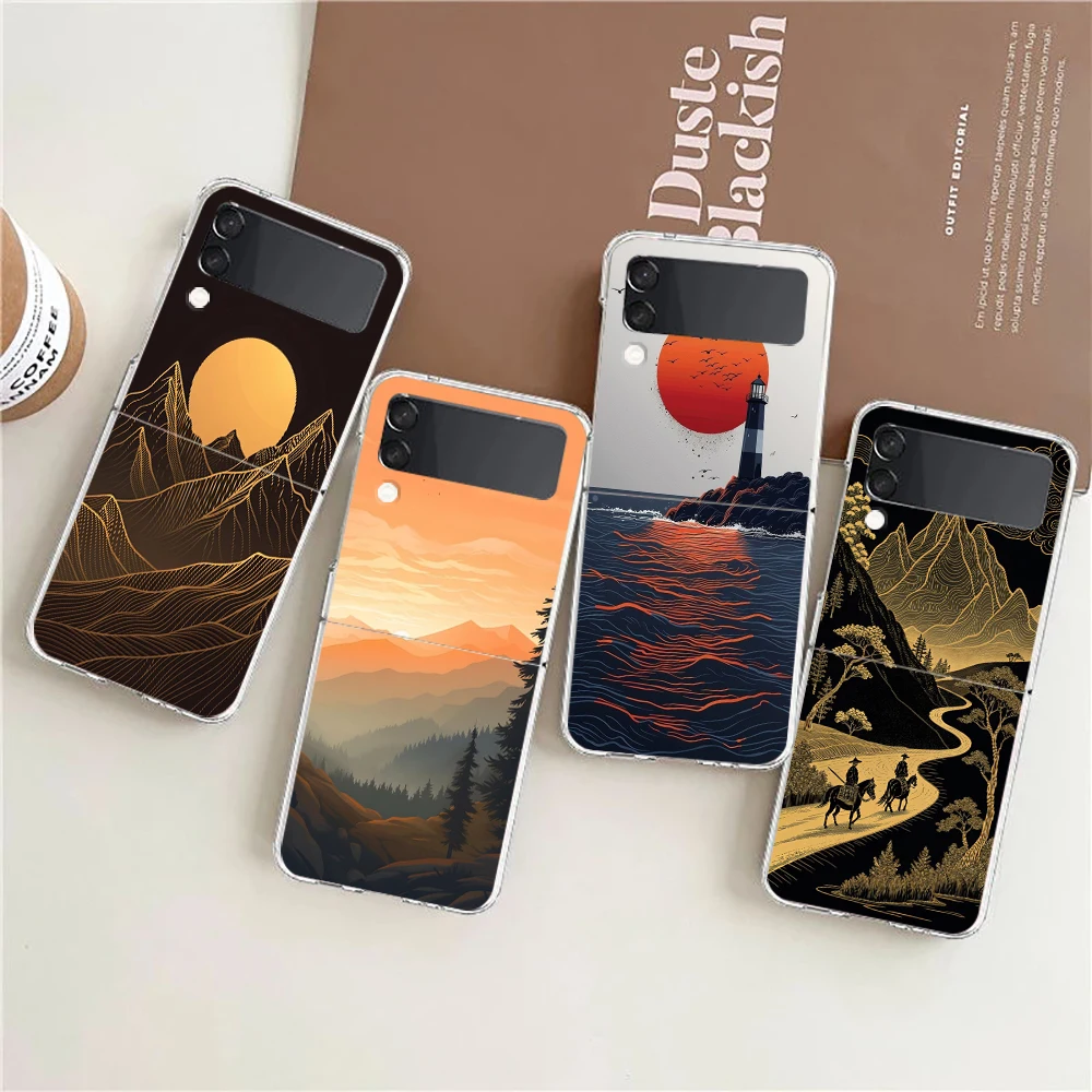 Phone Case For Samsung Galaxy Z Flip 3 4 5 6 7 Fold High Hard PC For Galaxy Z Flip3 Clear Cover Abstract Mountain Sunrise Line