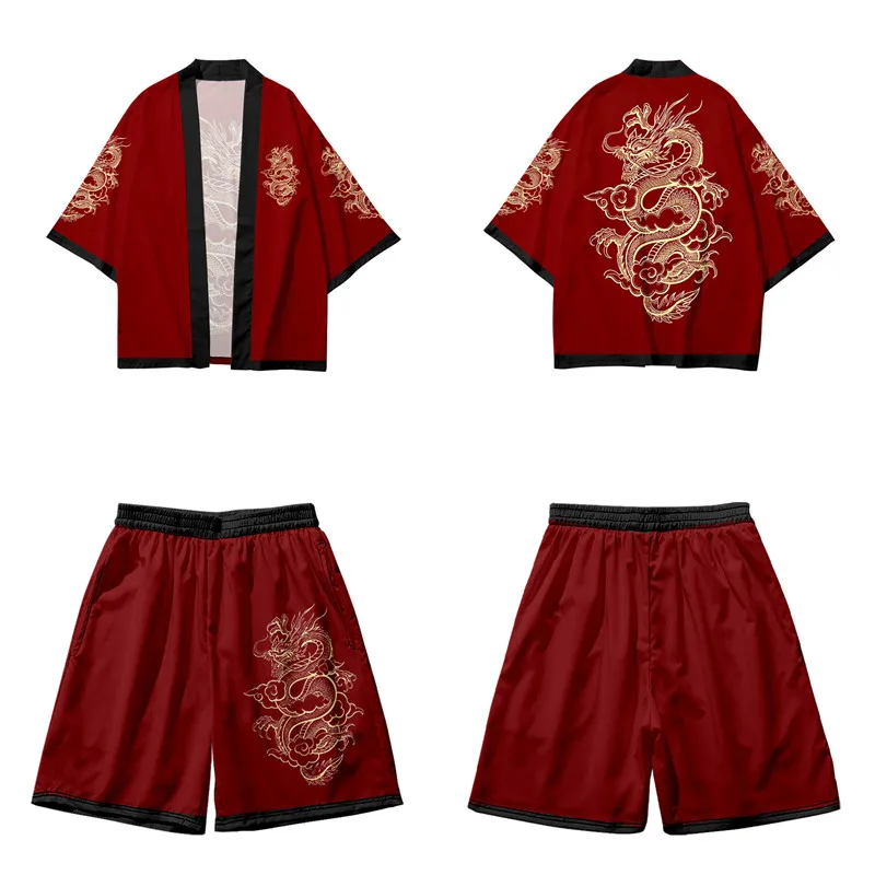 Novelty Two-piece Suit Japanese Cardigan Men Cosplay Dragon Print Yukata Red Kimono Shorts Sets Patchwork Asian Traditional